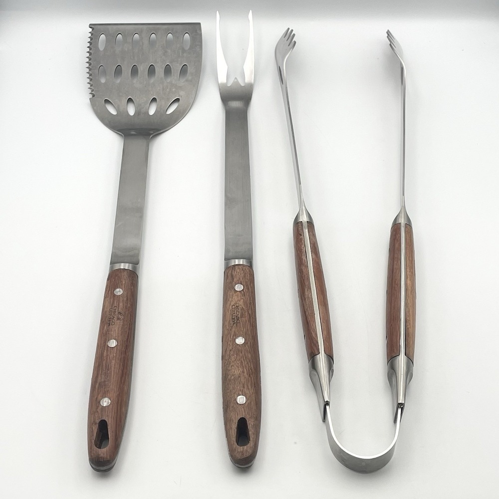 Vintage Chicago Cutlery Commercial BBQ Grill Tool Set Walnut Handles Wood Case